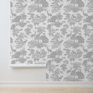 Papier Peint Élégant Gris Doux Cerf Forêt Animaux Toile
