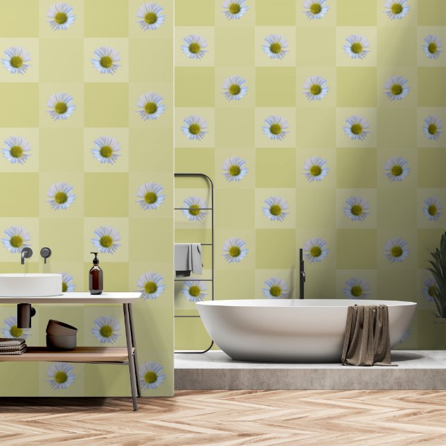 Papier Peint Elégant Jaune Vert Mist Carrés Fleurs Faisy (Salle de bain)