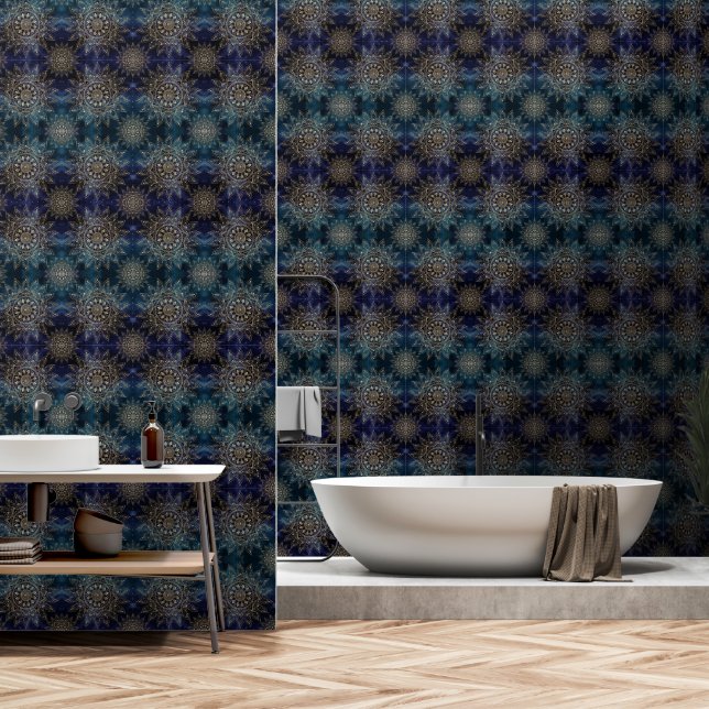 Papier Peint Elégant Mandala Gold Blue Galaxy (Salle de bain)