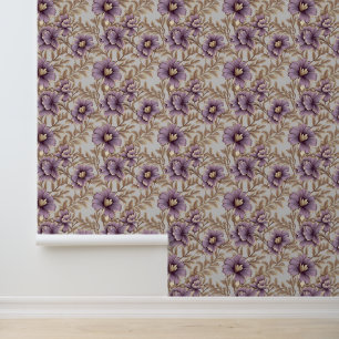 Papier Peint Élégant mauve et fleurs dorées printemps fleurie