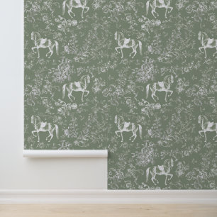 Papier Peint Élégant modèle floral Cheval Vert Sage Vintage