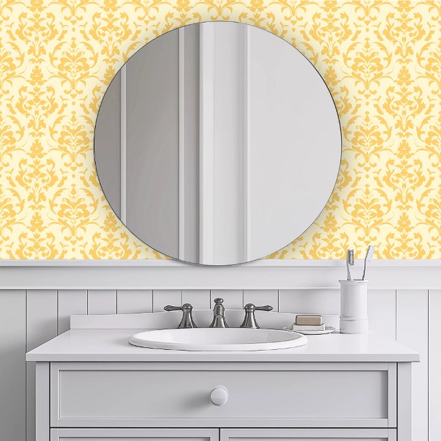 Papier Peint Élégant monochromatique Jaune (Monochromatic Elegant Yellow Wallpaper in a white bathroom.)