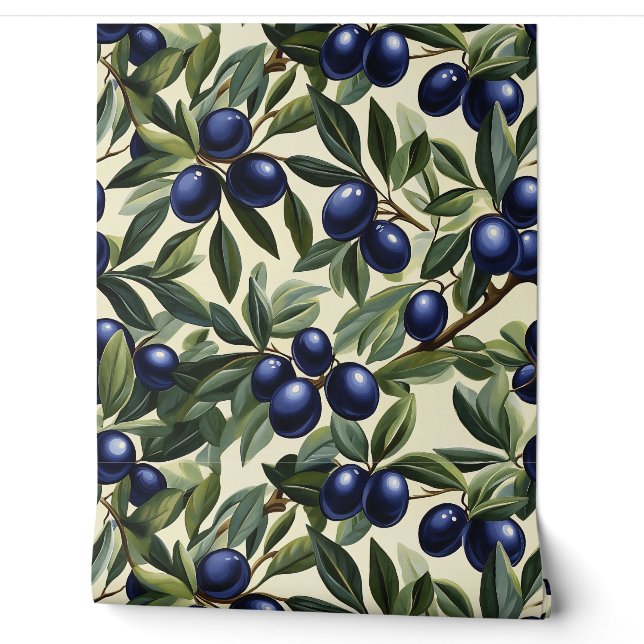Papier Peint Élégant Motif de branche d'olivier avec des olives (Déroulement)