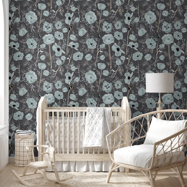 Papier Peint Elégant Motif de pavot bleu aquarelle (Elegant Watercolor Blue Poppies Pattern Wallpaper
 from Studio Posies.)