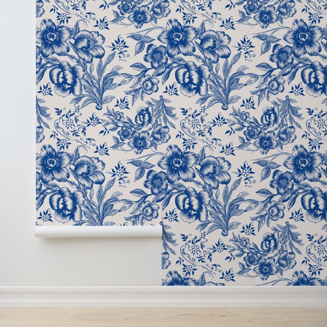 Papier Peint Élégant motif floral chinoiseries bleu et blanc (Application)