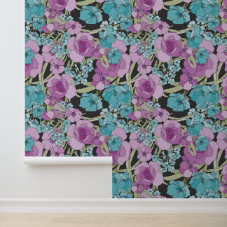 Papier Peint Élégant motif Floral Fleurs vertes Rose rose