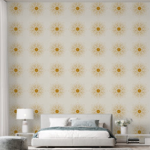 Papier Peint Élégant motif floral mandala carreauté blanc or