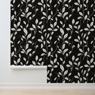 Papier Peint Elégant Motif noir et feuille de crème