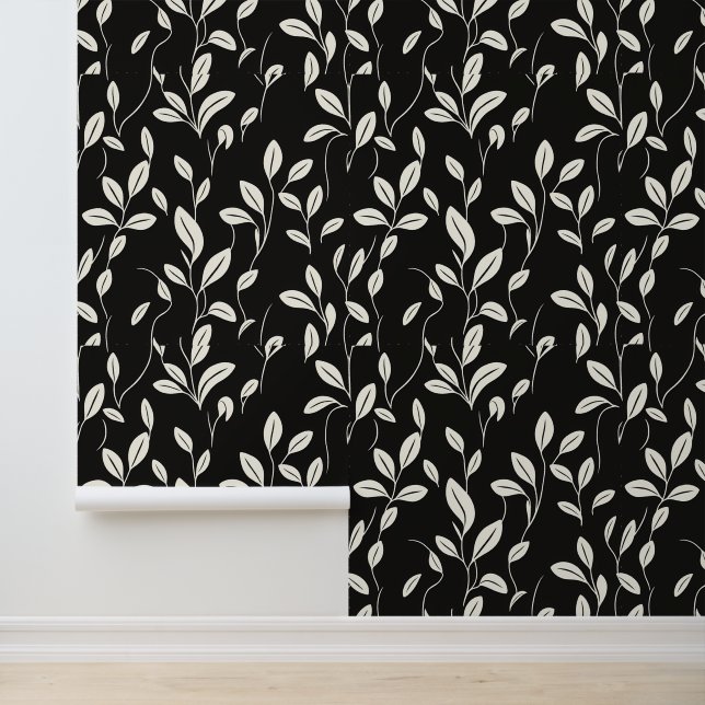Papier Peint Elégant Motif noir et feuille de crème (Application)