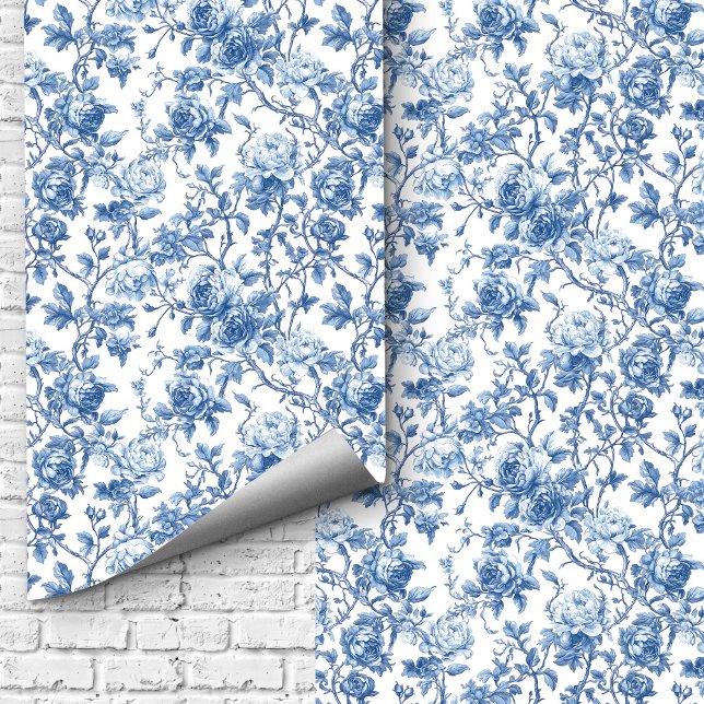 Papier Peint Elegant Navy Blue Toile Roses Floral Pattern Home  (Elevate your home décor with this elegant blue French toile de Jouy rose wallpaper, featuring detail)
