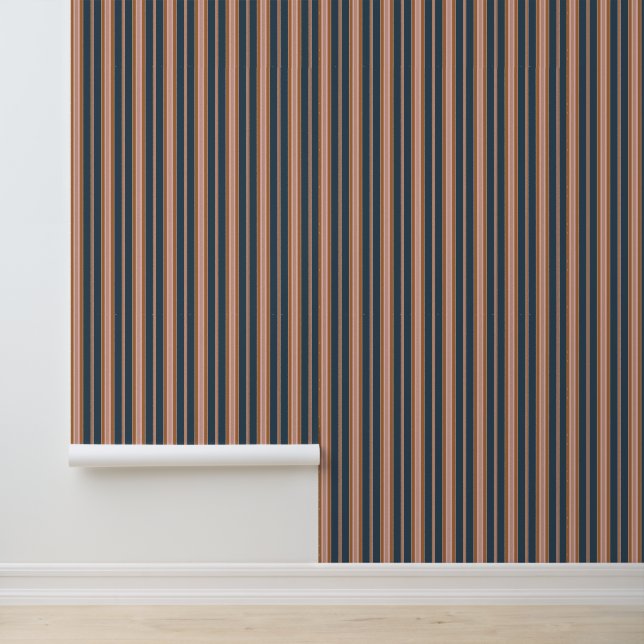 Papier Peint Elegant Navy Brown Pink Ticking Stripe (Application)