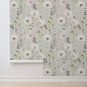 Papier Peint Élégant Pavot Feuilles Motif Floral Satin Lin