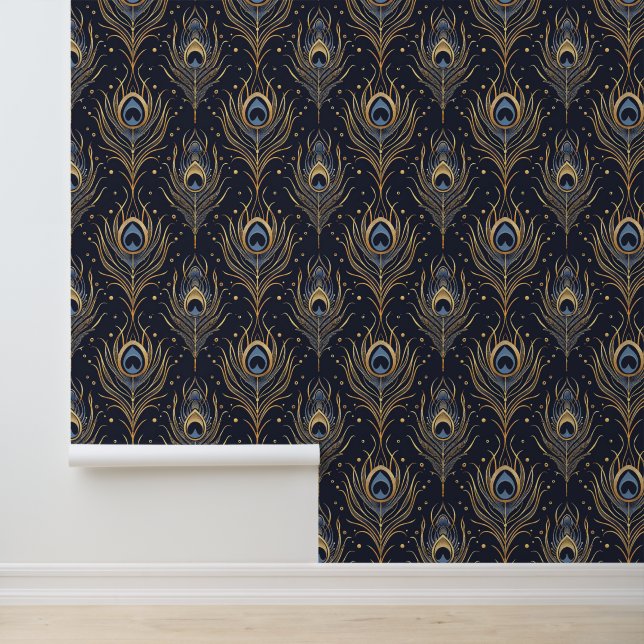 Papier Peint Elégant Peacock Feather Gold Blue (Application)