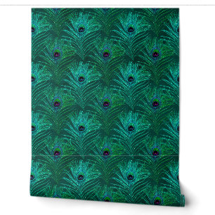 Papier Peint Elégant Peacock Parties scintillant Verte Plumes c