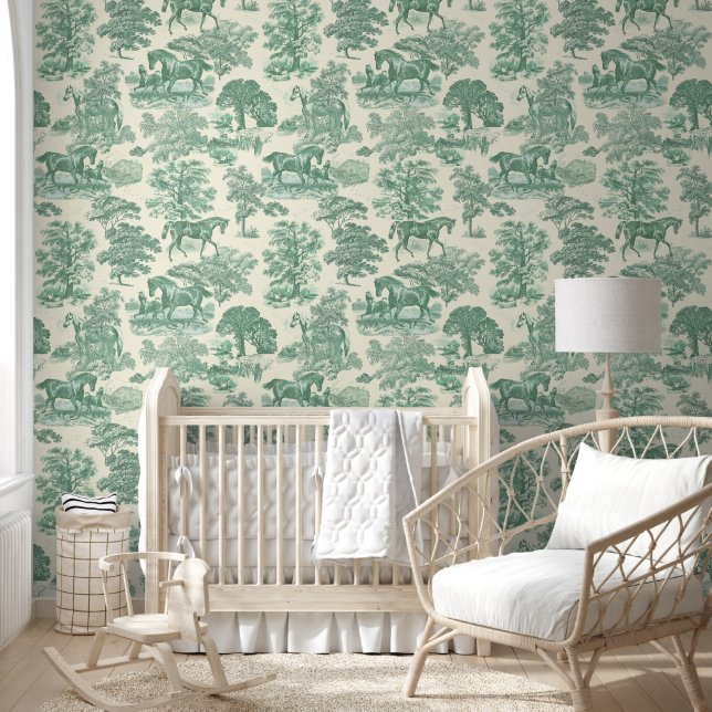 Papier Peint Élégant, rustique élégant, Sage vert Cheval Toile (Enfants)