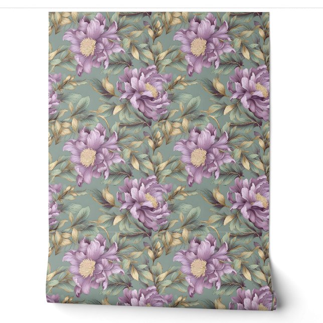 Papier Peint Elégant sauge vert et violet des fleurs pivoines (Déroulement)