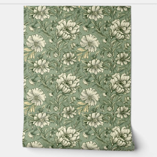 Papier Peint Elégant Shabby chic sauge vert fleurs blanches