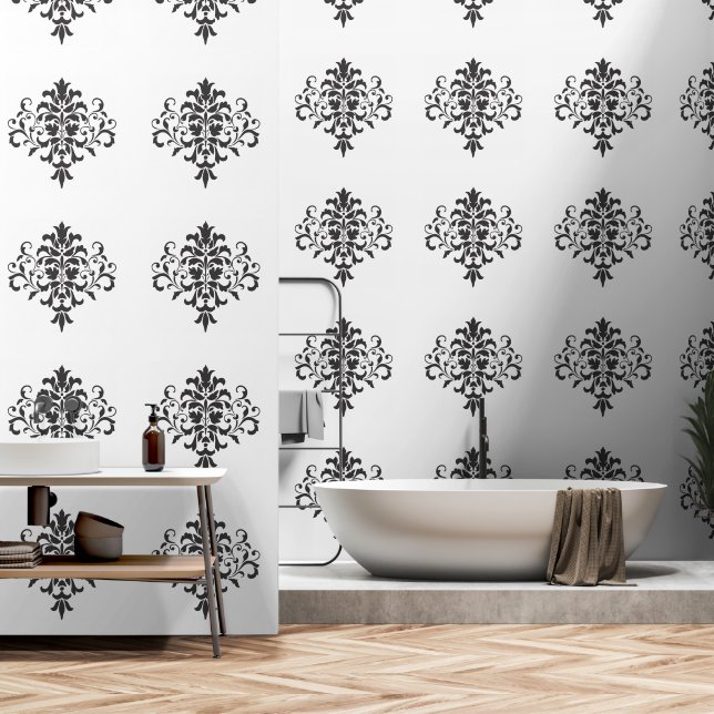 Papier Peint Élégant, sophistiqué noir et blanc Damas (Salle de bain)