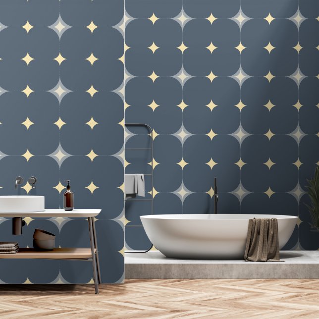Papier Peint Élégant Stars Tan & Grey Très Motif Bleu Foncé (Salle de bain)