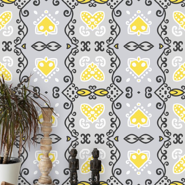 Papier Peint Elégant symétrique gris jaune ornement noir (Créateur téléchargé)