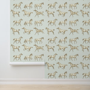 Papier Peint Elégant Vintage Galloping Horses Toile de Sage Bei