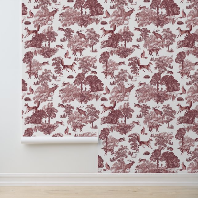 Papier Peint Élégant Vintage Toile Rouge Fox Forêt Animaux (Application)