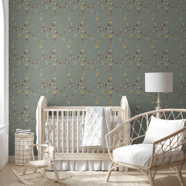 Papier Peint Elégante aquarelle verte Fleur sauvage (Enfants)