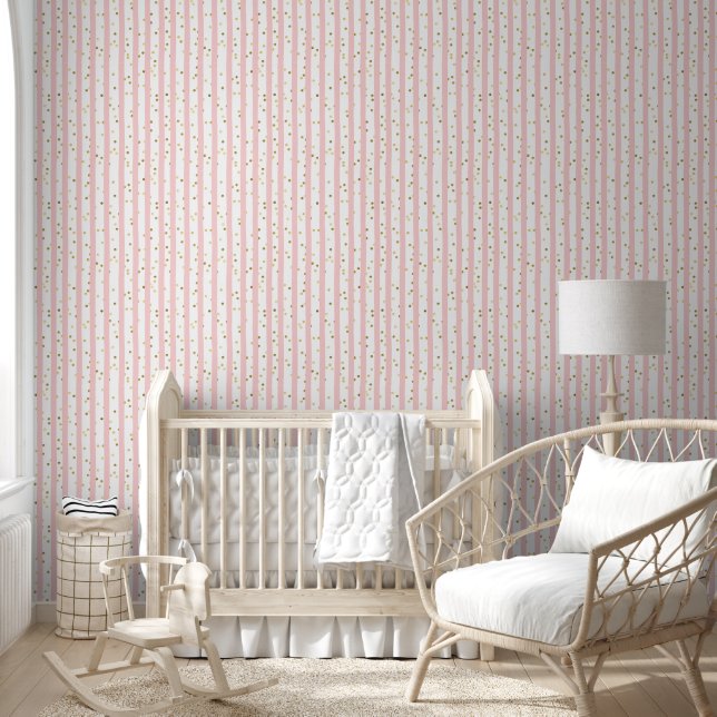 Papier Peint Élégante Bande rose verticale et Confetti or (Enfants)