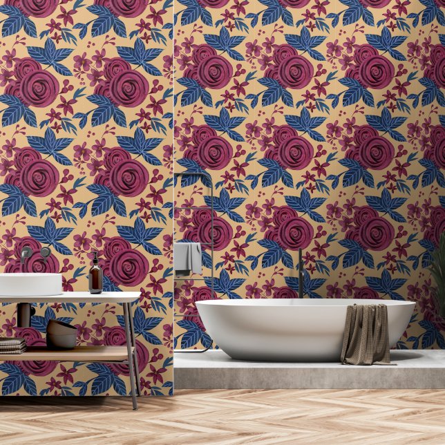 Papier Peint Elégante marine Bourgogne Floral Watercolo (Salle de bain)