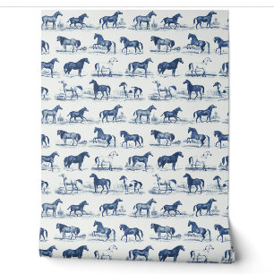 Papier Peint Élégante race Vintage Cheval Motif Bleu Toile