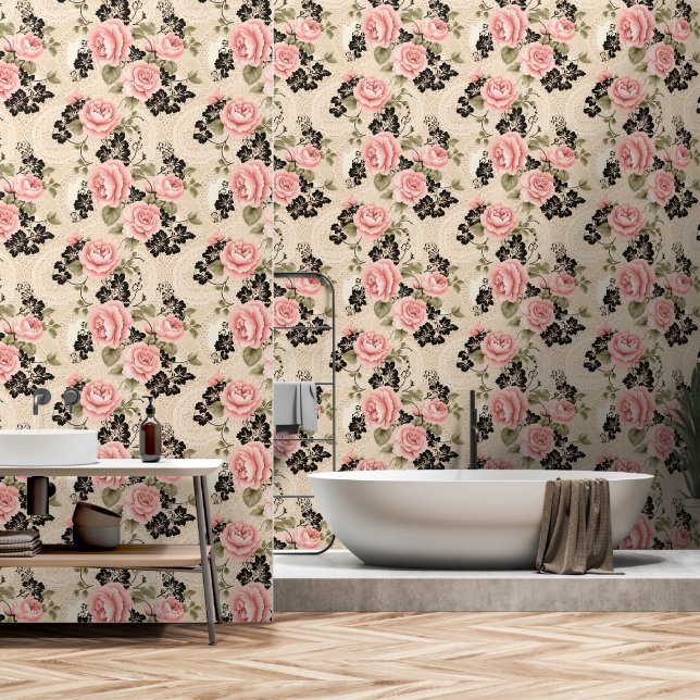 Papier Peint Elégante Roses roses roses victoriennes Dentelles  (Salle de bain)