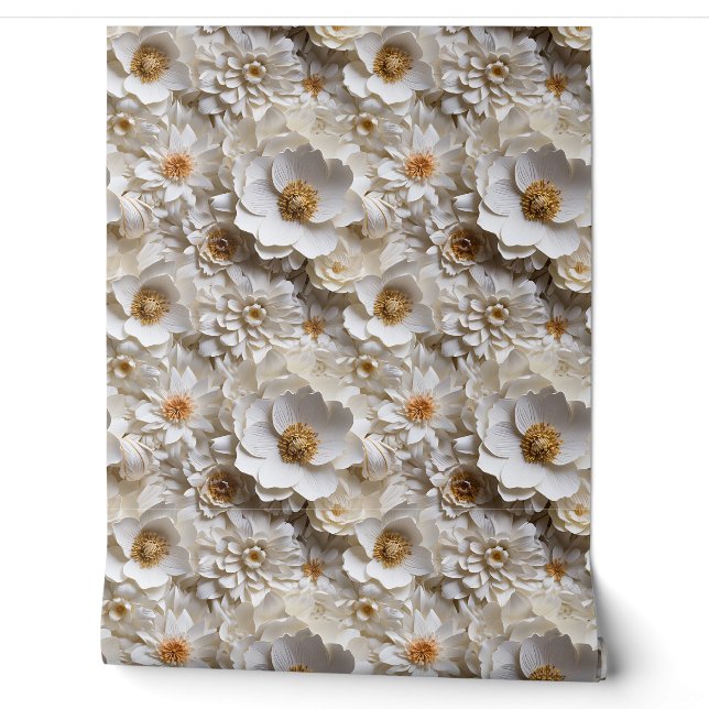 Papier Peint Élégantes fleurs 3d blanches et dorées printanière (Déroulement)