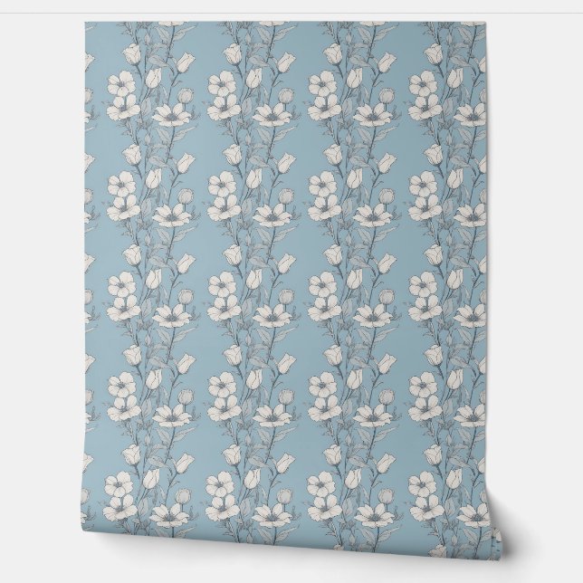 Papier Peint Elégantes teintes de fleurs bleues et blanches (Déroulement)