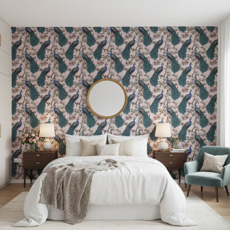 Papier Peint Elégants Peacocks Turquoises et Fleurs Magnolia Bl