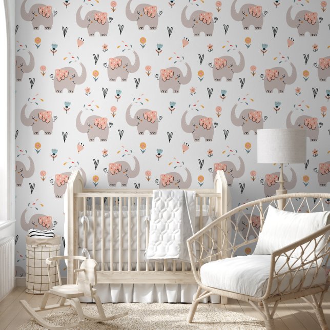 Papier Peint Eléphants, Coeurs et Fleurs Pépinière (Enfants)