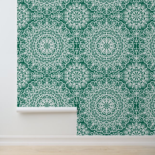 Papier Peint Emerald Green Bohemian Mandala White Lace (Application)