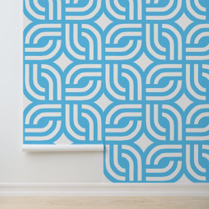 Papier peint en carreaux géométriques blanc et ble