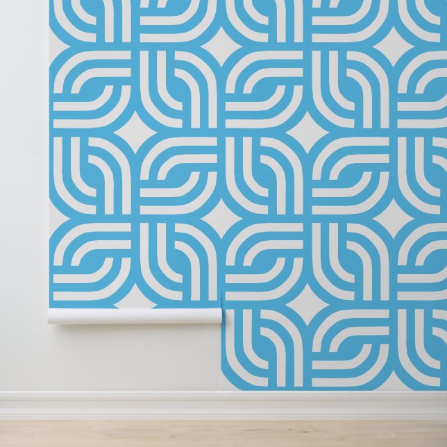 Papier peint en carreaux géométriques blanc et ble (Application)