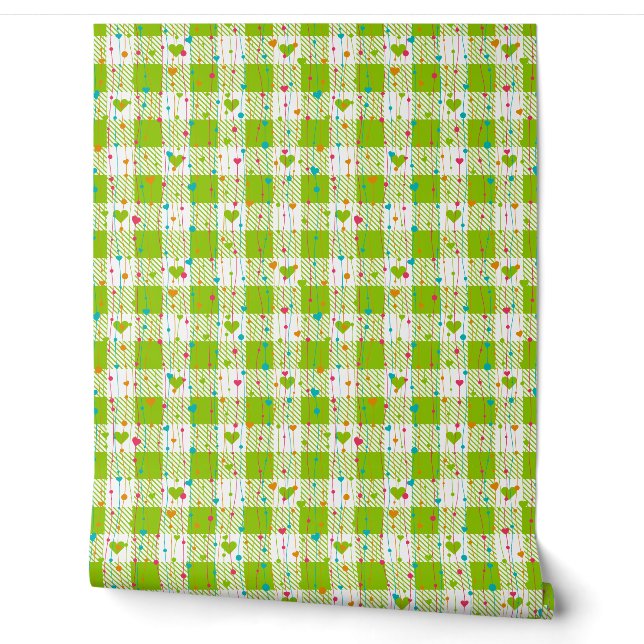 Papier Peint en vichy À damiers Coeurs Motifs Plaids sans coutu (Déroulement)