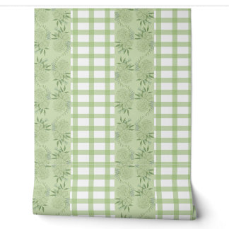 Papier peint En vichy vert et motif floral