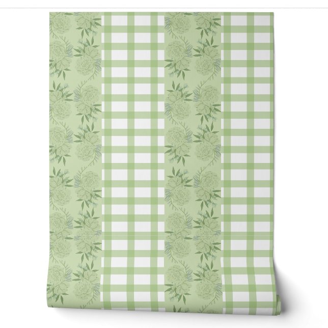 Papier peint En vichy vert et motif floral (Déroulement)