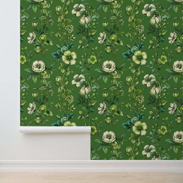 Papier Peint Épeaux et bâtonnets de fleurs verts et blancs natu (Application)