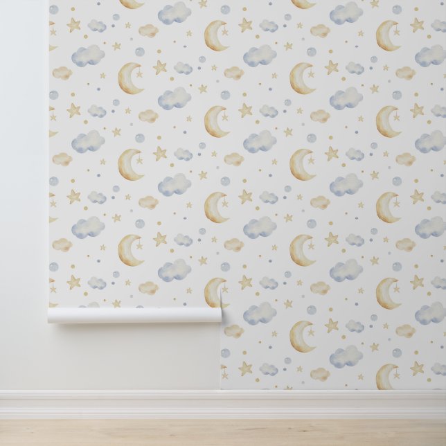 Papier Peint Etoiles de lune d'aquarelle et Motif de nuage (Application)