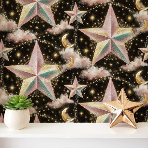 Papier Peint Étoiles iridescentes et lunes dorées sur fond noir