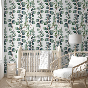 Papier Peint Eucalyptus Branches Verdure Blanc Élégant tendance