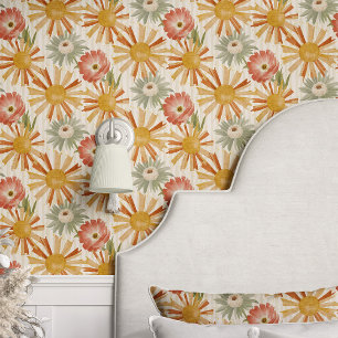 Papier Peint Explosion Florale Rétro sur Beige