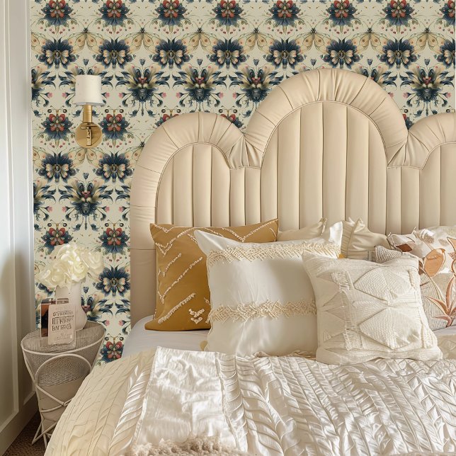 Papier Peint Fairycore Whimsical Flower Bugs (Fairycore Whimsical Flower Bugs Wallpaper behind a cream colored headboard.)