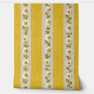 Papier Peint Ferme jaune Fleurs blanches Rayures
