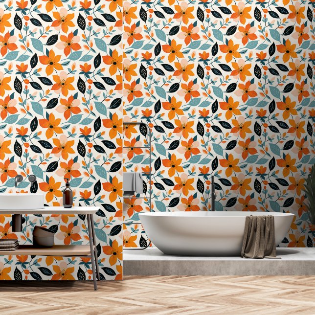 Papier Peint Feuillage et fleurs orange et bleu (Salle de bain)