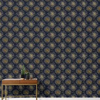 Papier Peint Feuille d'or stylisée, fleurs sur bleu minuit